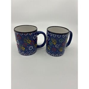 Set of‎ 2 Hand Painted Raised Floral Ceramic Mugs Cobalt Blue Turkish Style